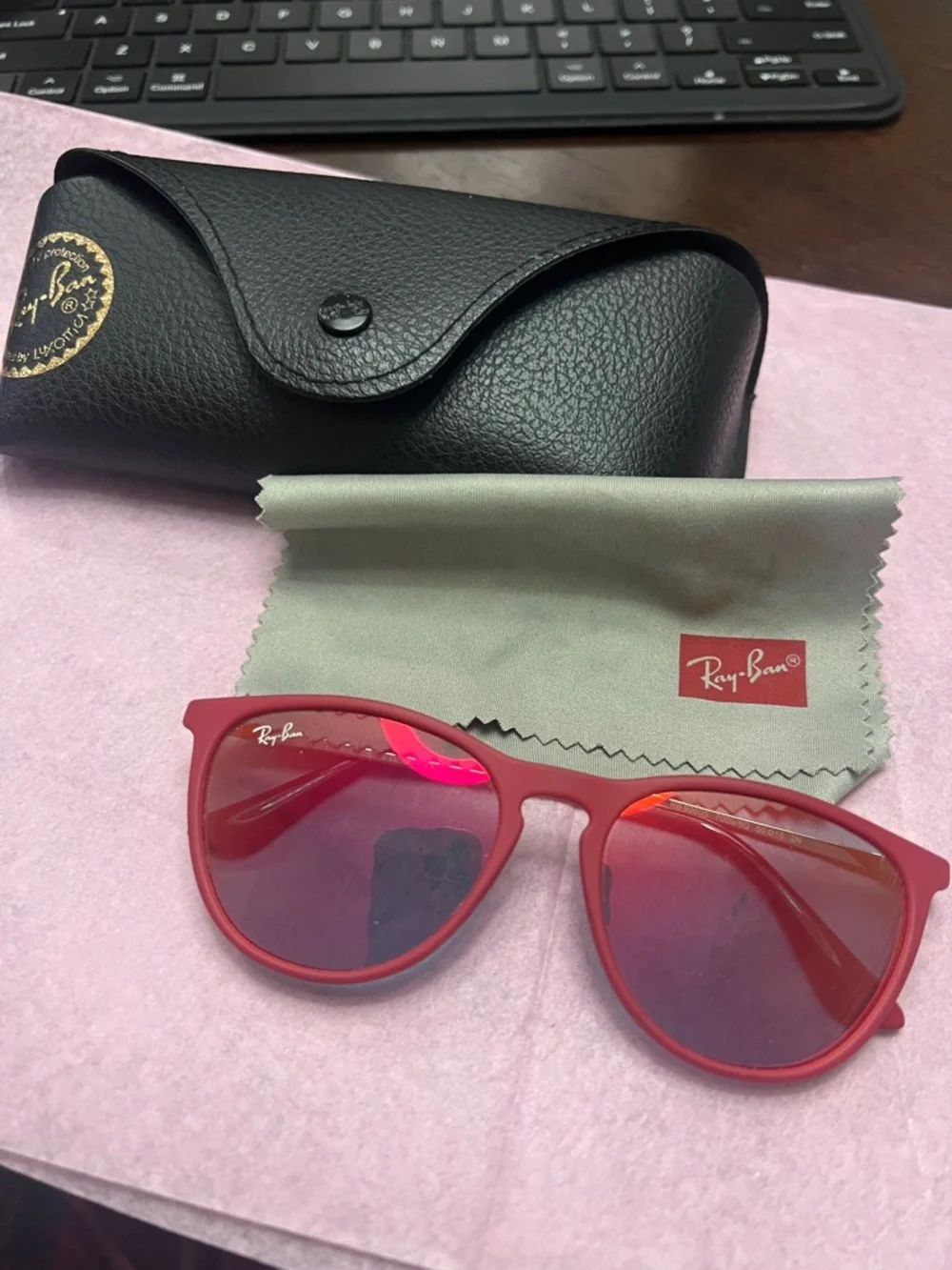 Ray-Ban Junior Red Frame Sunglasses with Tinted Lenses Length 5” width 2”